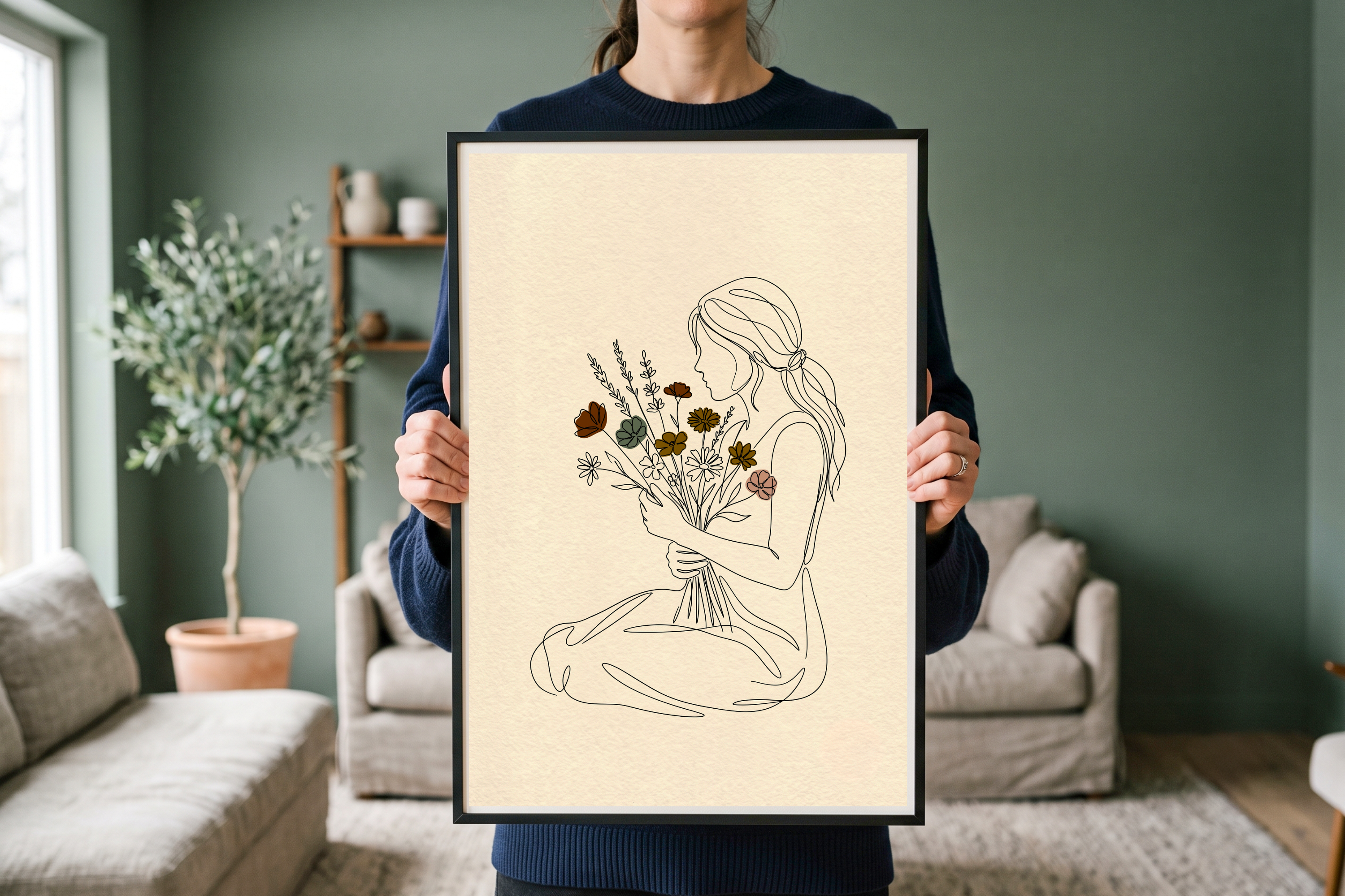Detail view showing the crisp continuous black linework and earthy colored wildflower blooms