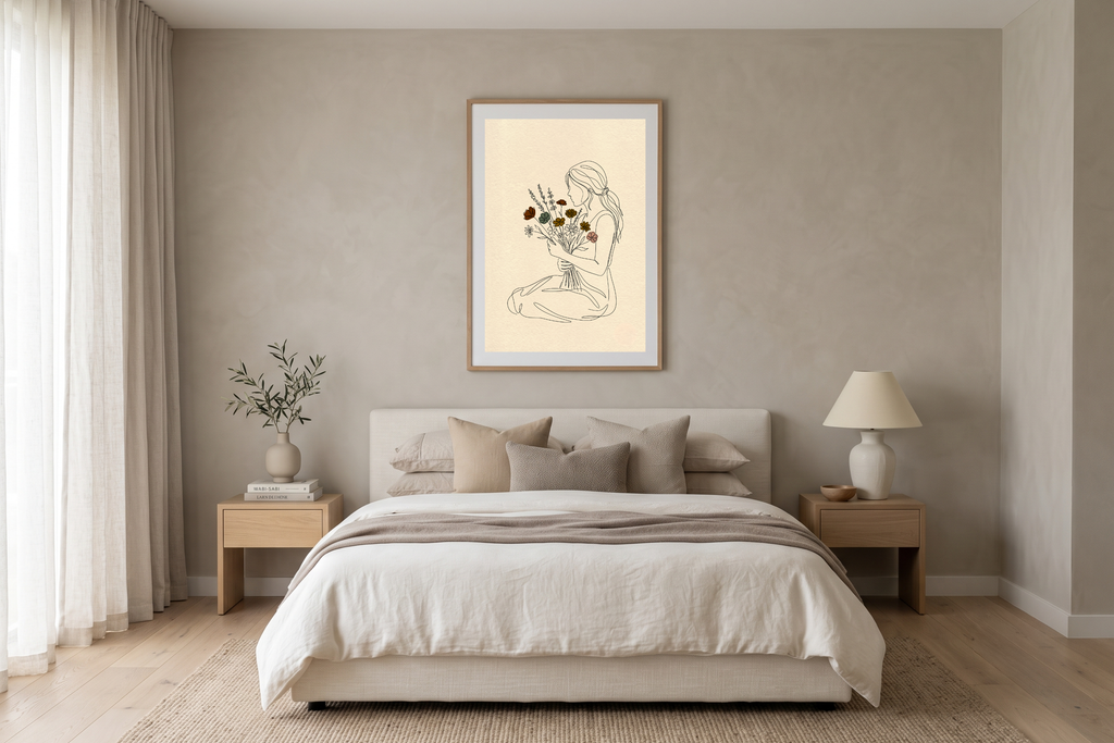 Minimalist woman and wildflowers line art canvas print styling a serene boho bedroom