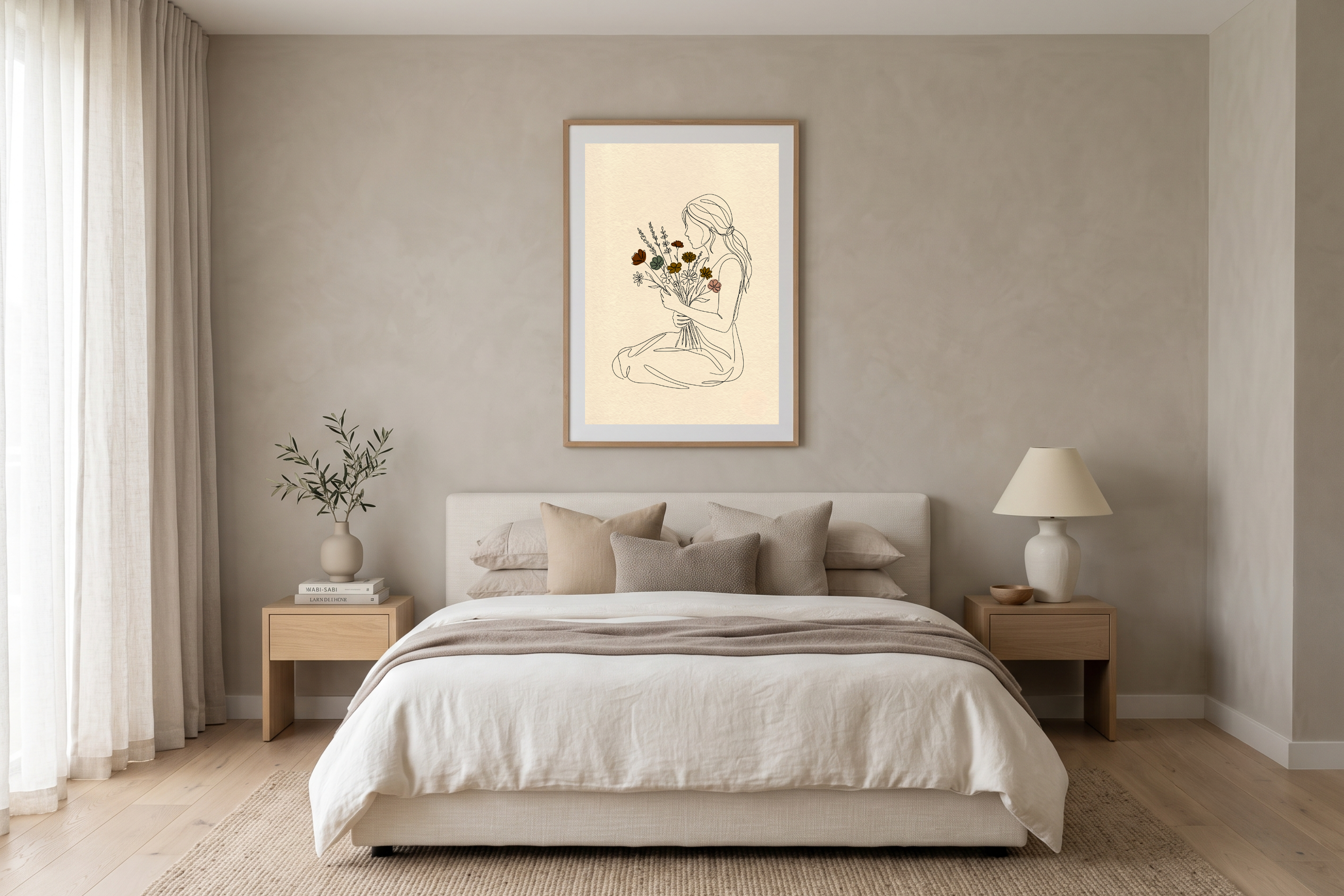 Minimalist woman and wildflowers line art canvas print styling a serene boho bedroom