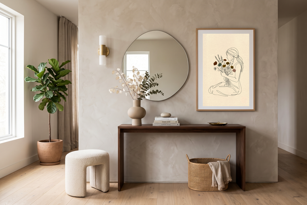 Serene continuous line art female portrait adding elegance to a cozy reading space