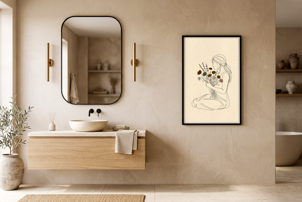 Minimalist Woman with Wildflowers Line Art Canvas Print Serene Boho Botanical Wall Decor