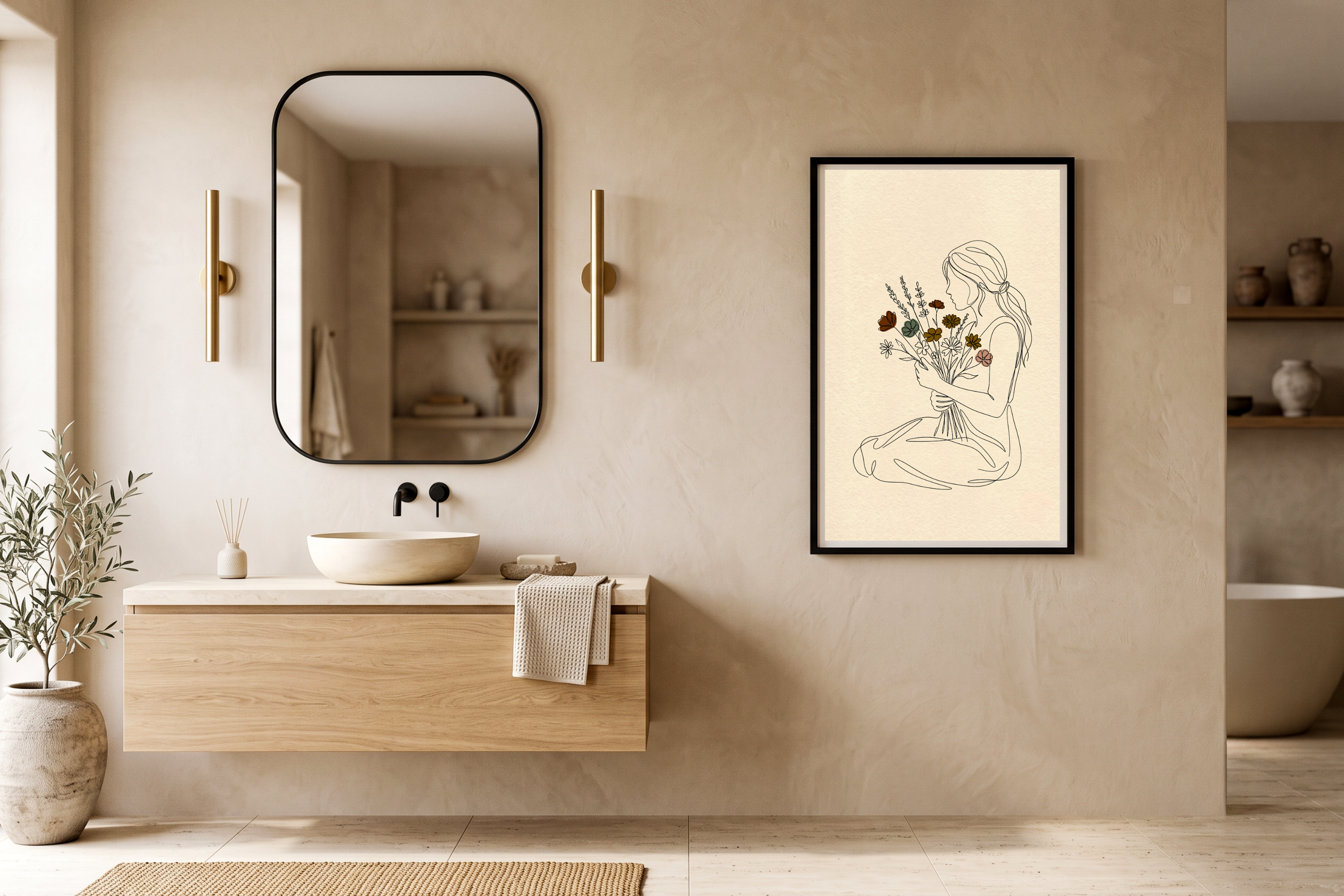 Minimalist Woman with Wildflowers Line Art Canvas Print Serene Boho Botanical Wall Decor