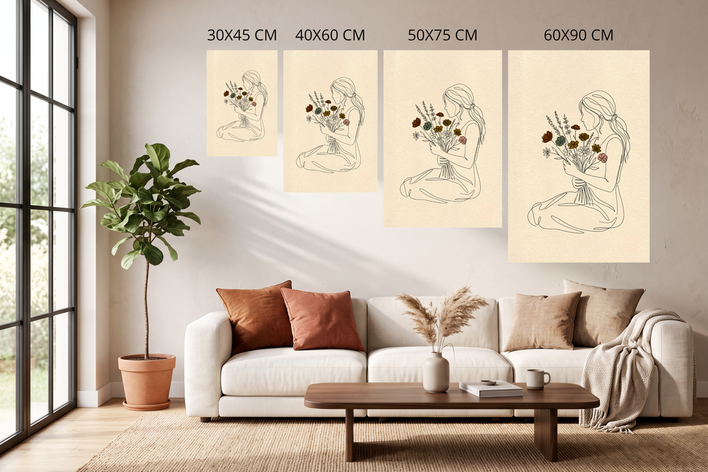 Earthy botanical line drawing wall decor displayed beautifully above a natural linen sofa
