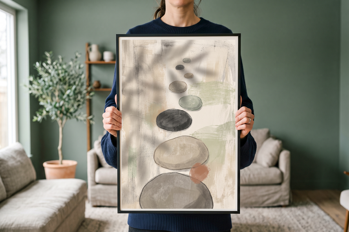 Detail view showing the translucent watercolor washes, smooth stones, and soft leafy shadow overlay