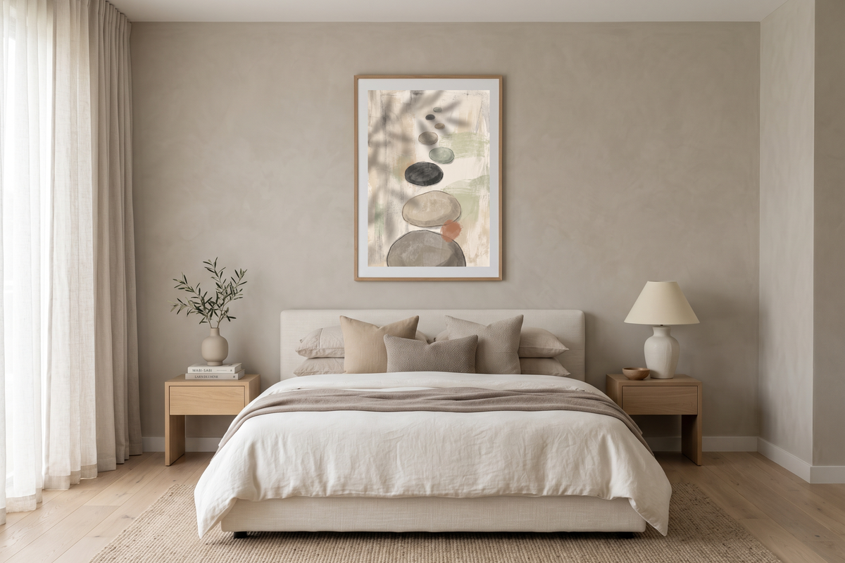 Abstract earthy watercolor art creating a grounding atmosphere in a Japandi style bedroom