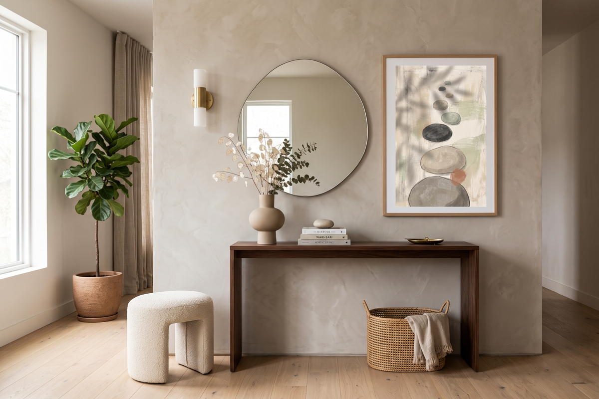 Wabi-Sabi pebble and botanical shadow wall decor above a cozy meditation cushion