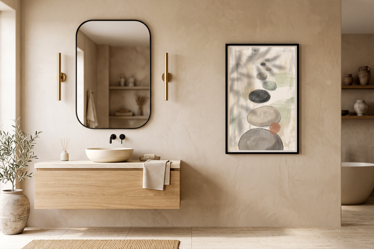 Minimalist Zen stones watercolor canvas print in a serene spa-like modern bathroom