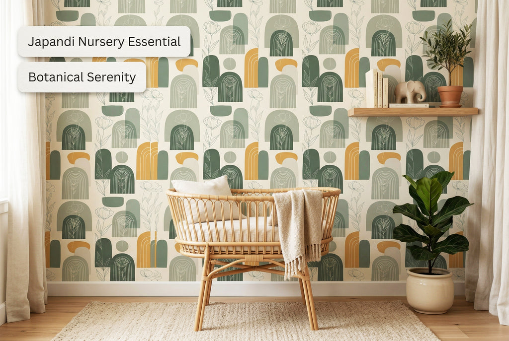 Minimalist geometric floral wallpaper in sage green and mustard gold