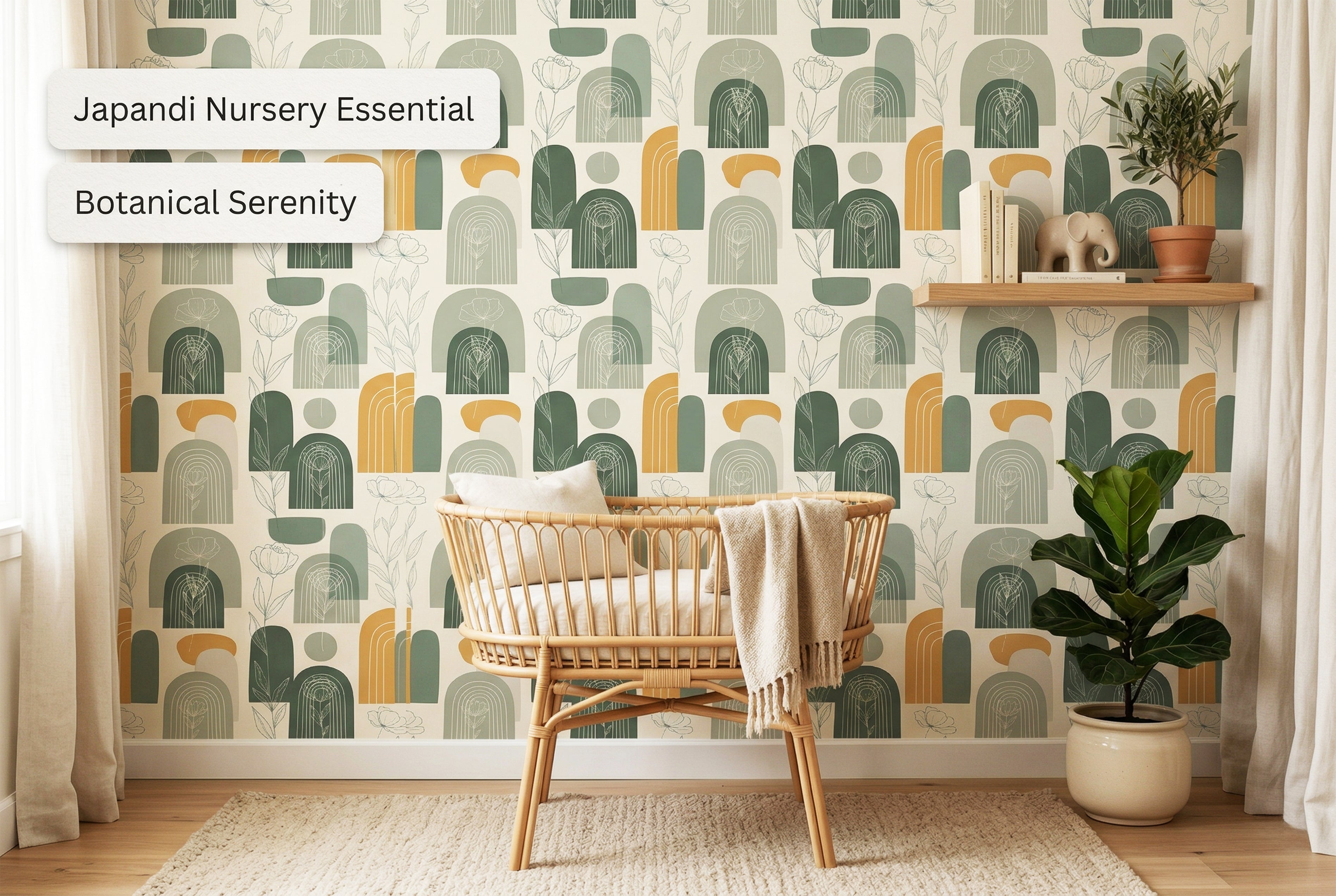 Minimalist geometric floral wallpaper in sage green and mustard gold