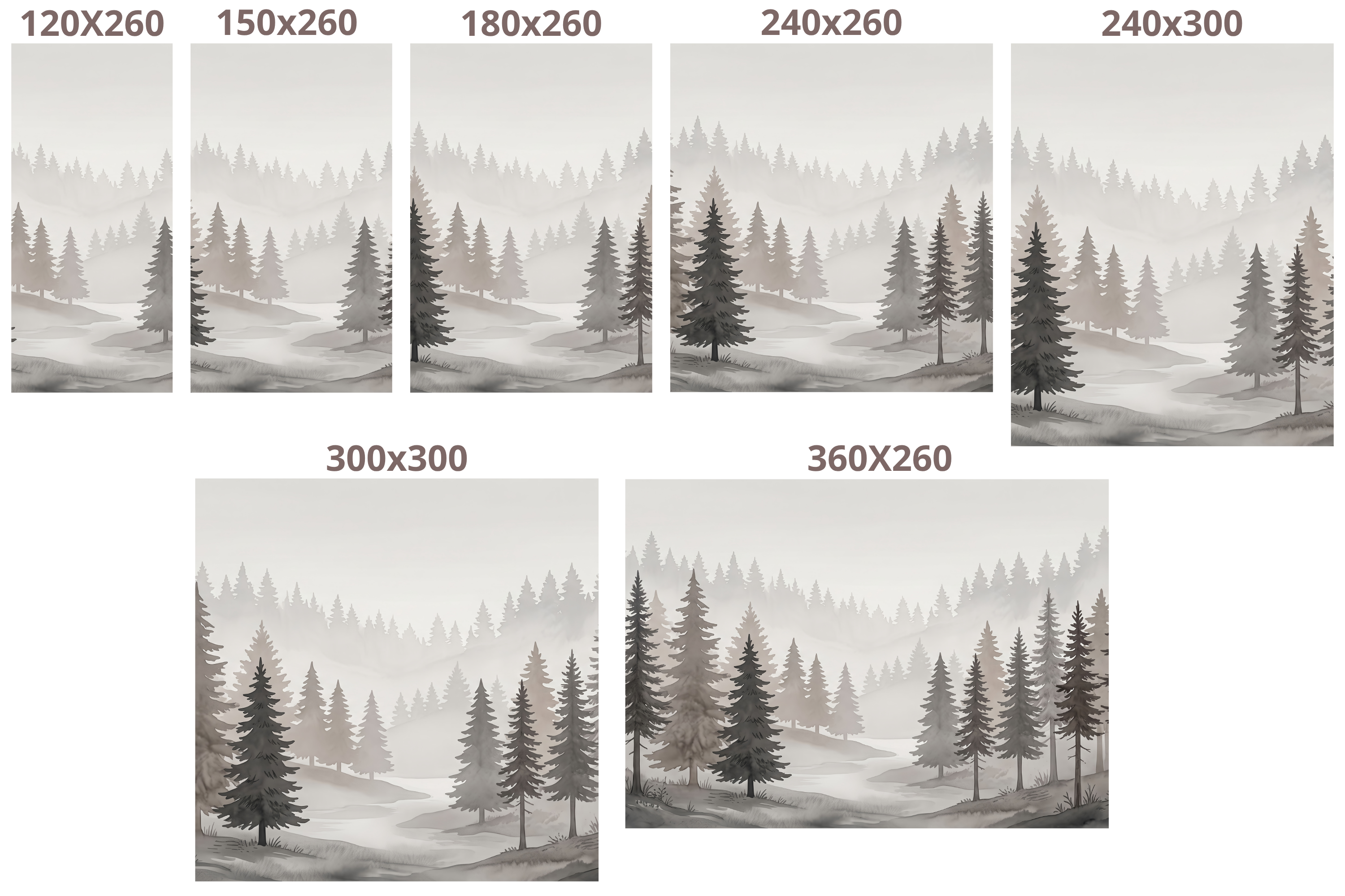 Misty Pine Forest Watercolor Wall Mural Monochromatic Japandi Woodland Wallpaper