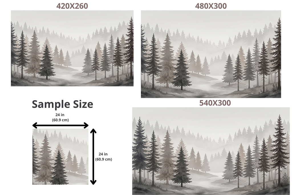 Misty Pine Forest Watercolor Wall Mural Monochromatic Japandi Woodland Wallpaper