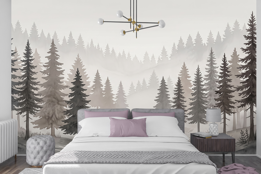 Misty pine forest watercolor mural in a serene neutral Japandi bedroom