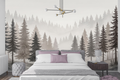 Misty pine forest watercolor mural in a serene neutral Japandi bedroom