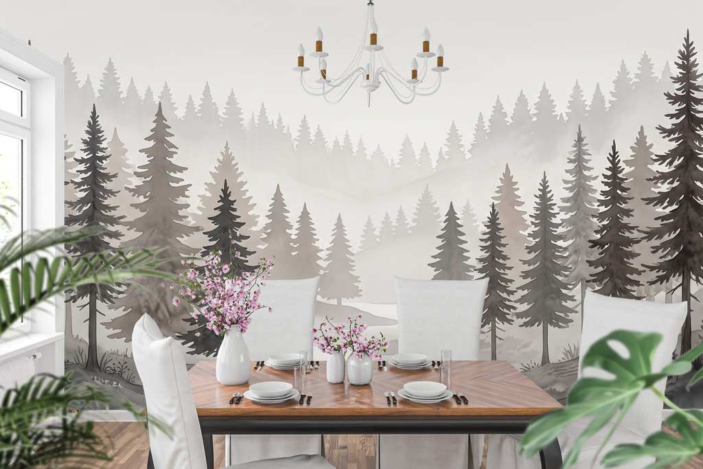 Calm foggy mountain and tree wall mural creating a minimalist home office accent