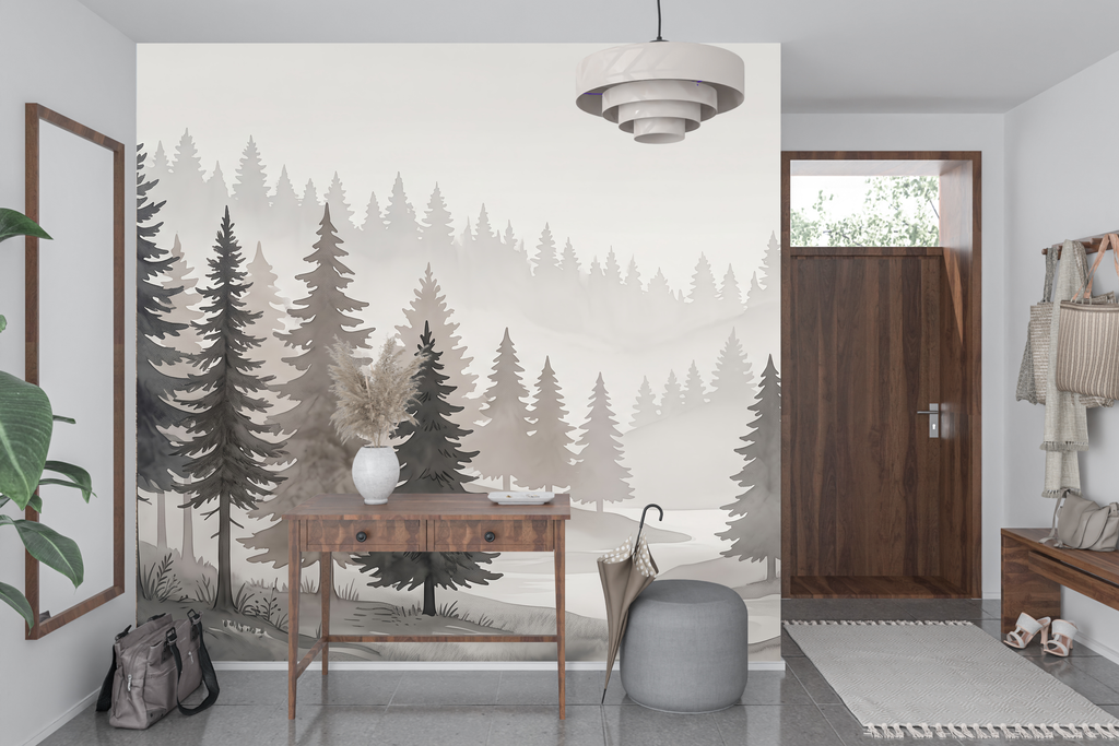 Scandinavian ink wash pine tree wall mural transforming a minimalist yoga space