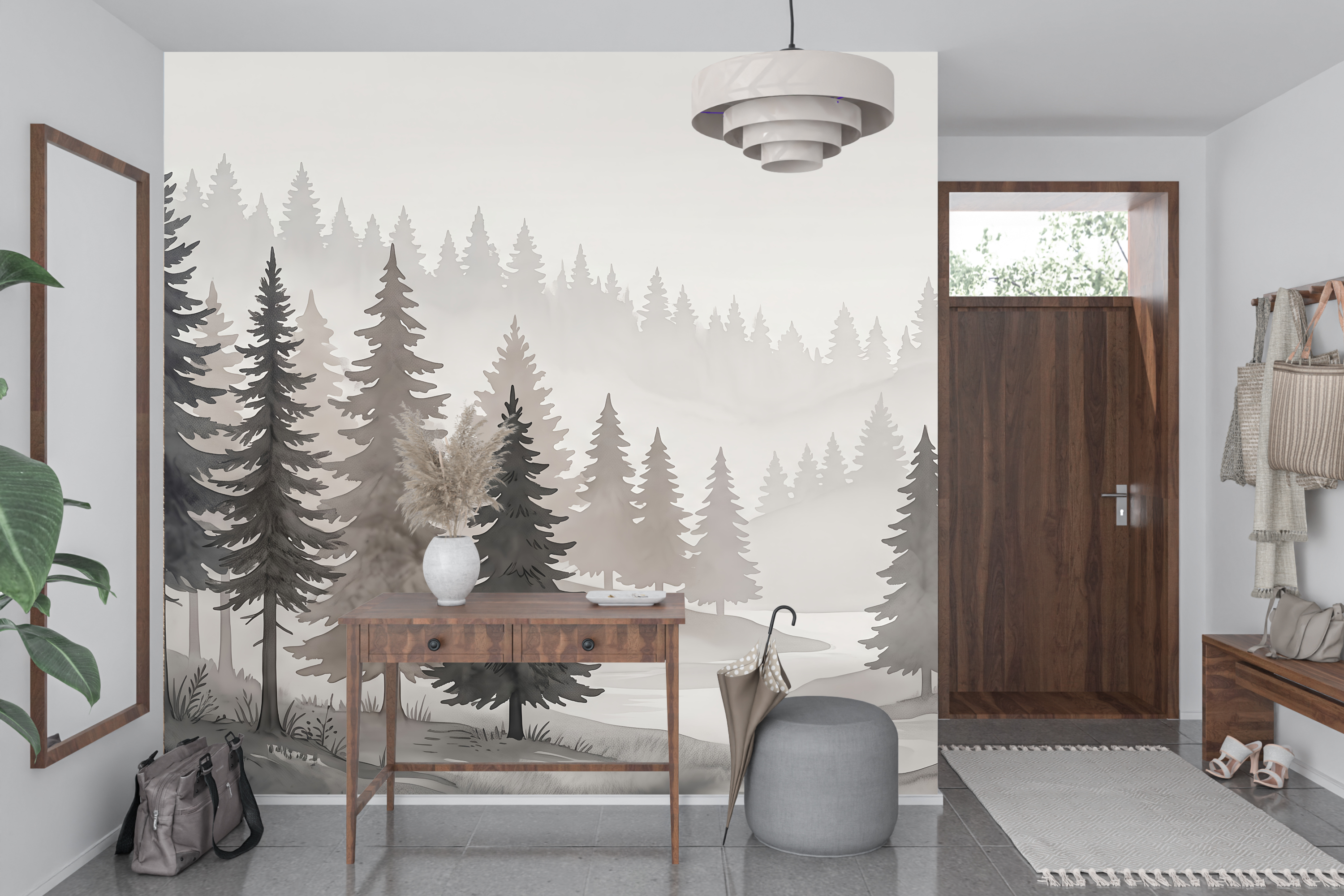 Scandinavian ink wash pine tree wall mural transforming a minimalist yoga space