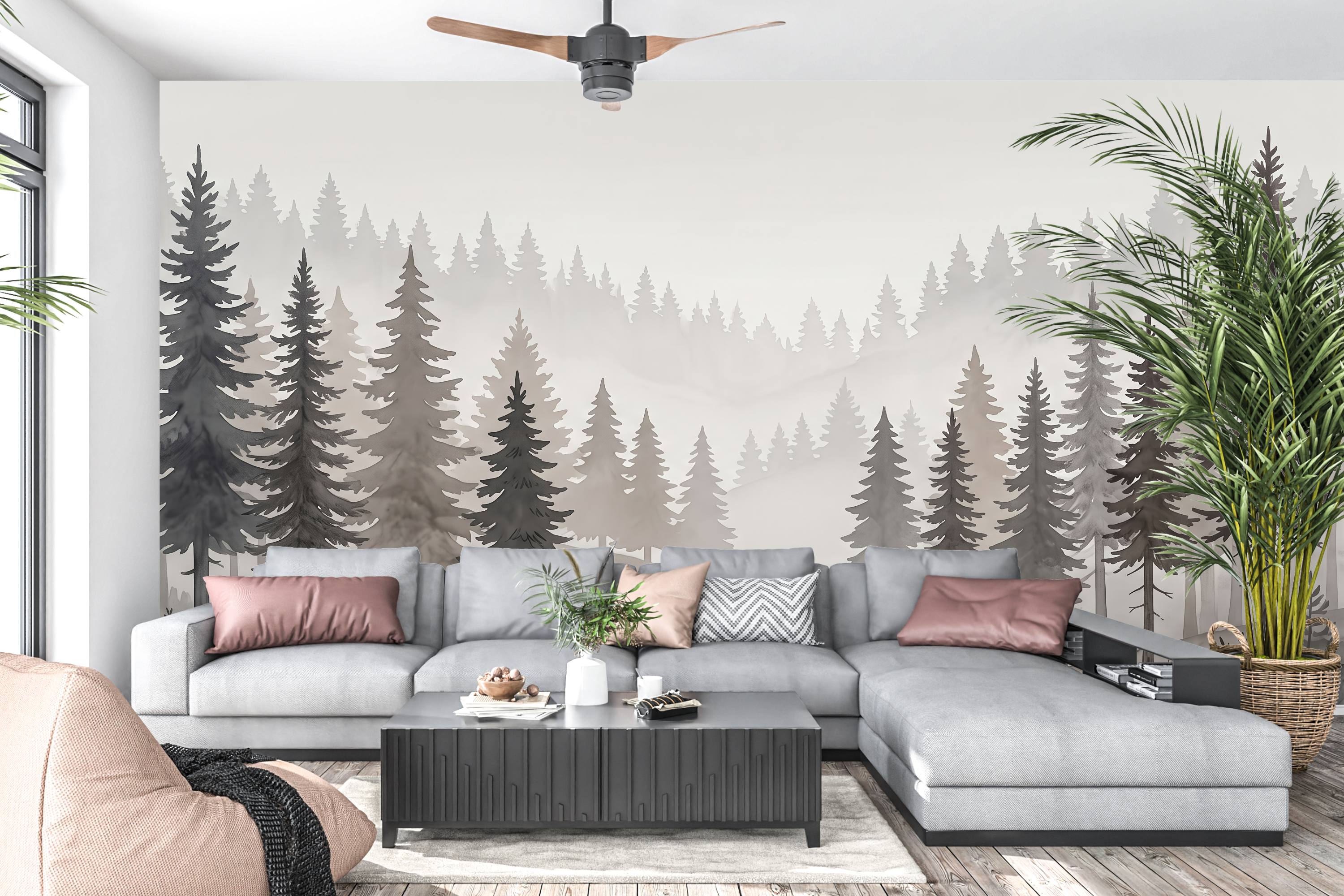 Monochromatic grey woodland peel and stick wallpaper behind a modern Scandi sofa