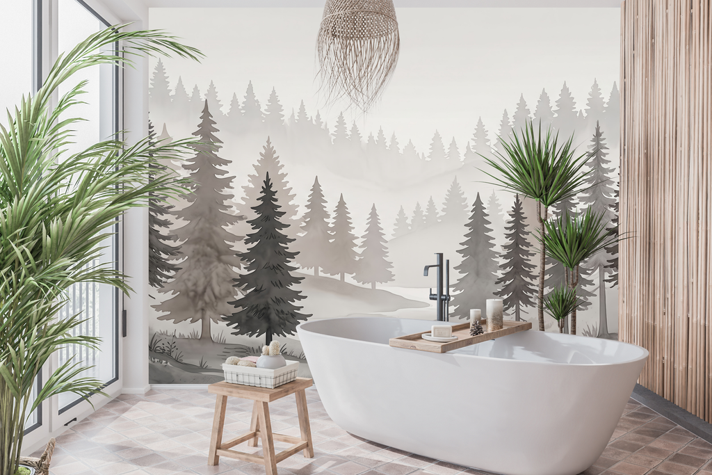 Waterproof vinyl subtle misty landscape wallpaper applied in a spa-like neutral bathroom