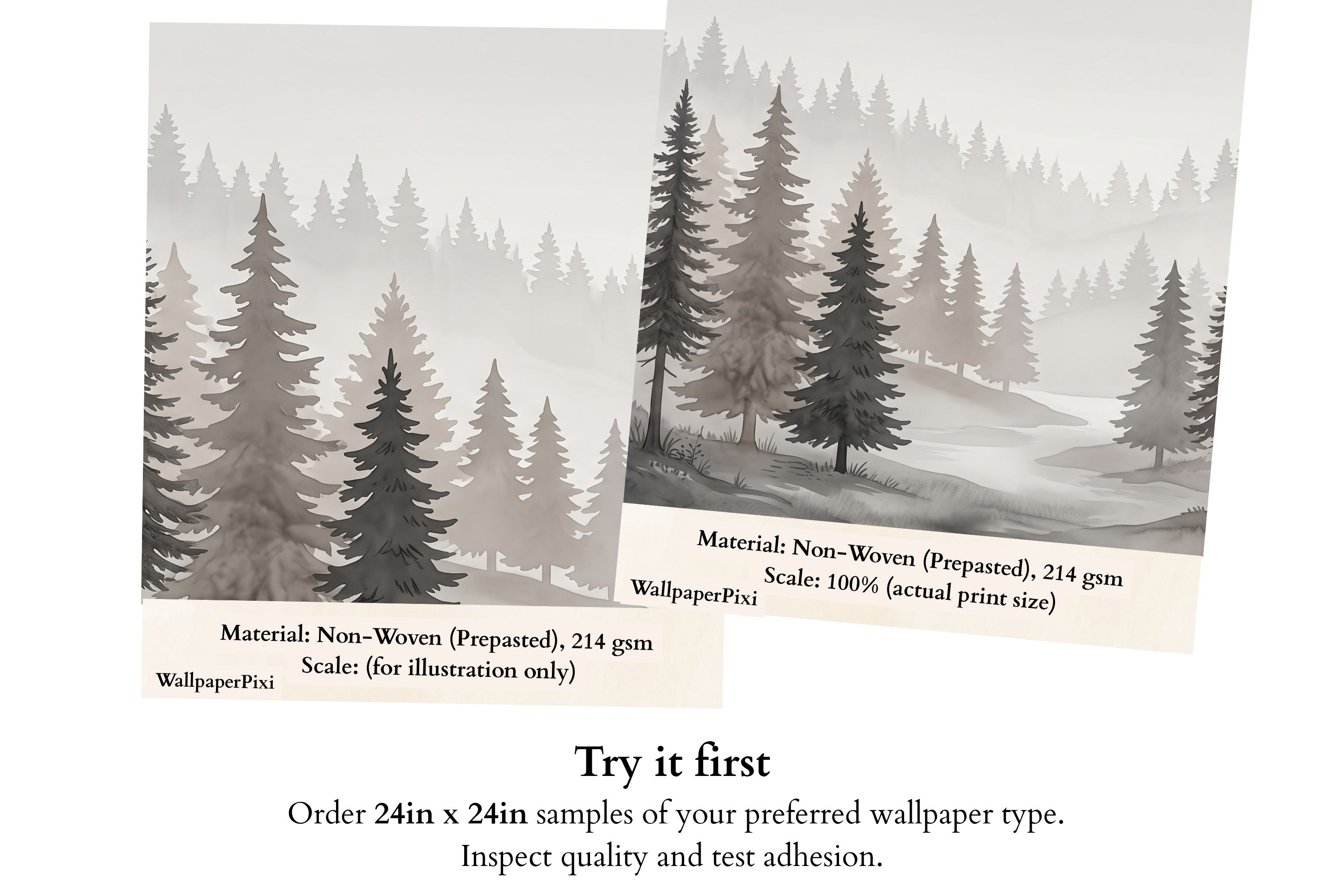 Misty Pine Forest Watercolor Wall Mural Monochromatic Japandi Woodland Wallpaper