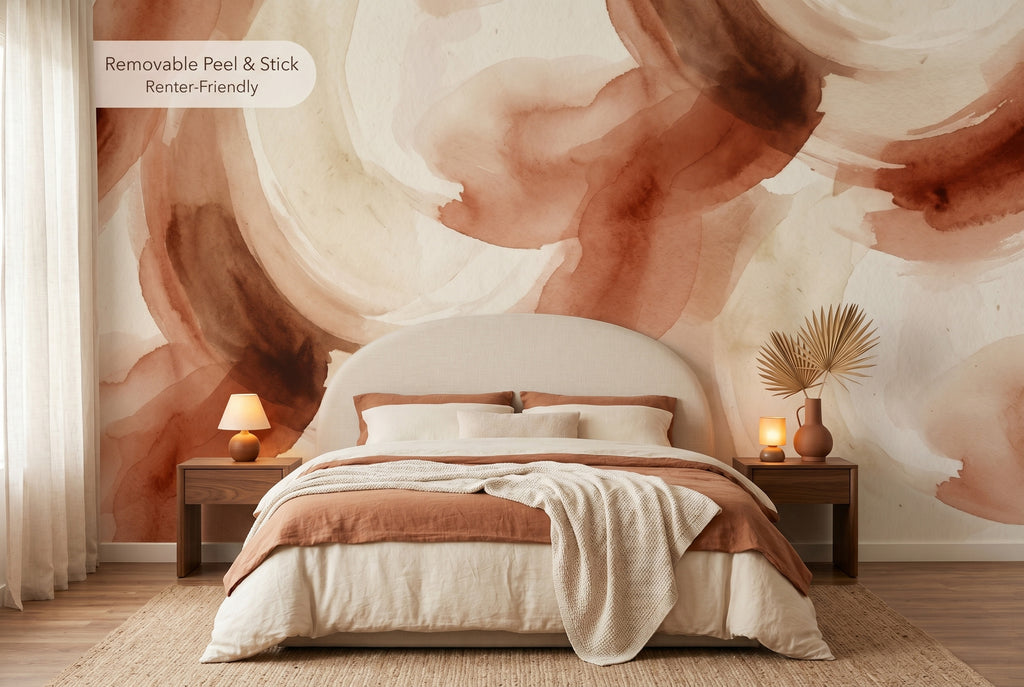 Modern earthy boho living room interior featuring terracotta abstract watercolor wallpaper.