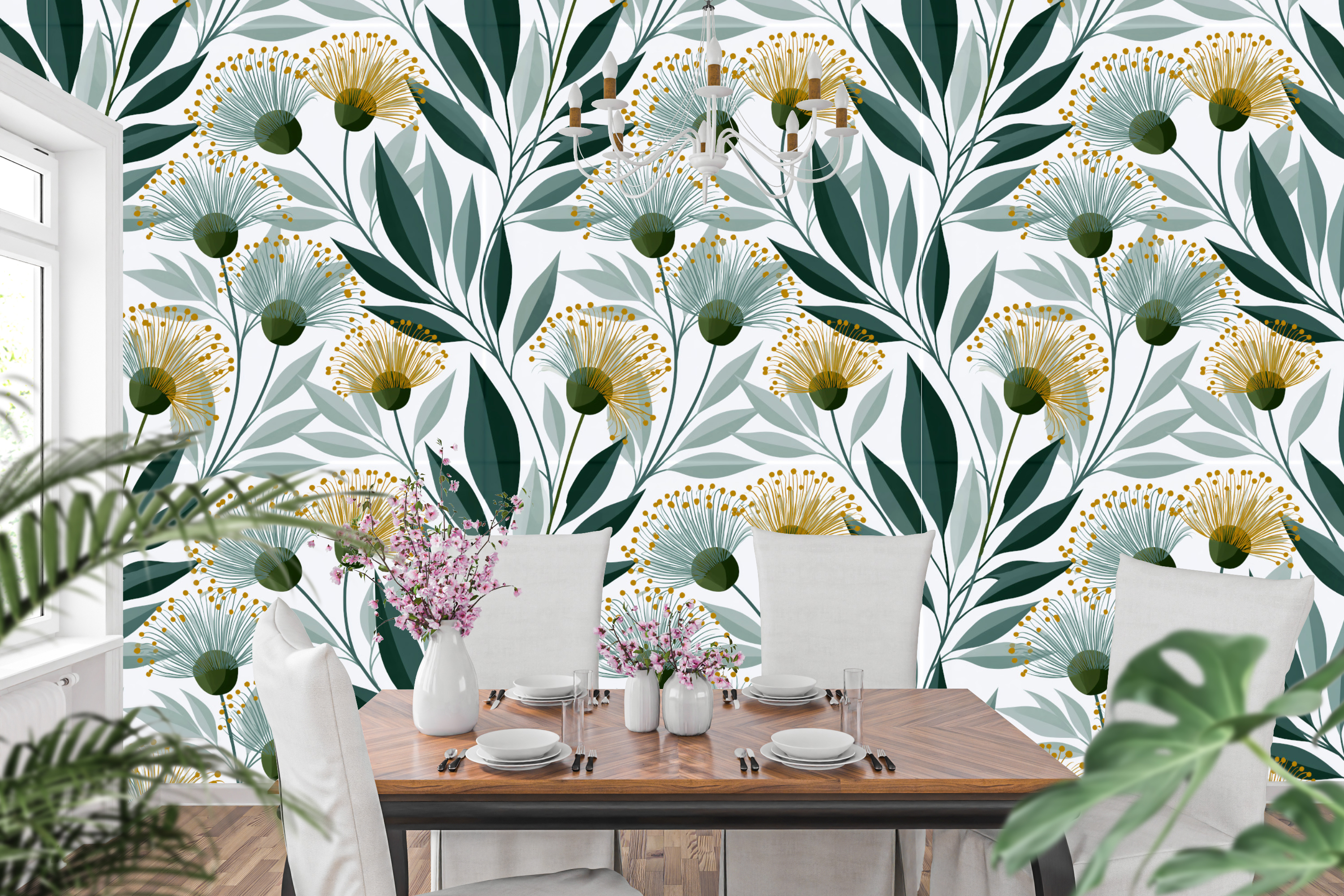 Modern eucalyptus blossom wallpaper styled in a bright Japandi-inspired bedroom with linen headboard, oak furniture, and warm natural light — peel and stick or traditional paste botanical wallpaper by WallpaperPixi