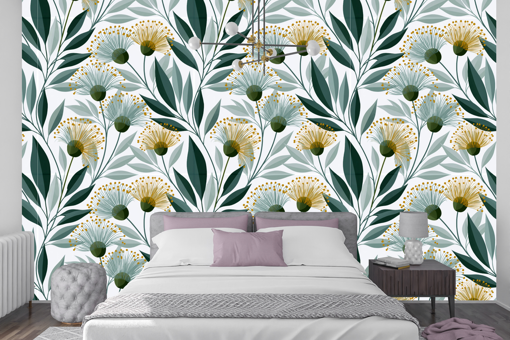 Modern eucalyptus botanical wallpaper featuring golden eucalyptus blossoms with feathery stamens, deep forest and sage green leaves, and ghosted silvery foliage on a clean ivory background — premium modern organic wallpaper by WallpaperPixi