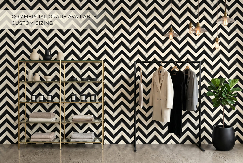 Modern geometric black and white herringbone wallpaper as a kitchen backsplash
