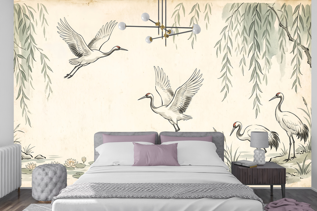 Moisture Resistant Bathroom Wallpaper Crane Willow Peel and Stick Mural