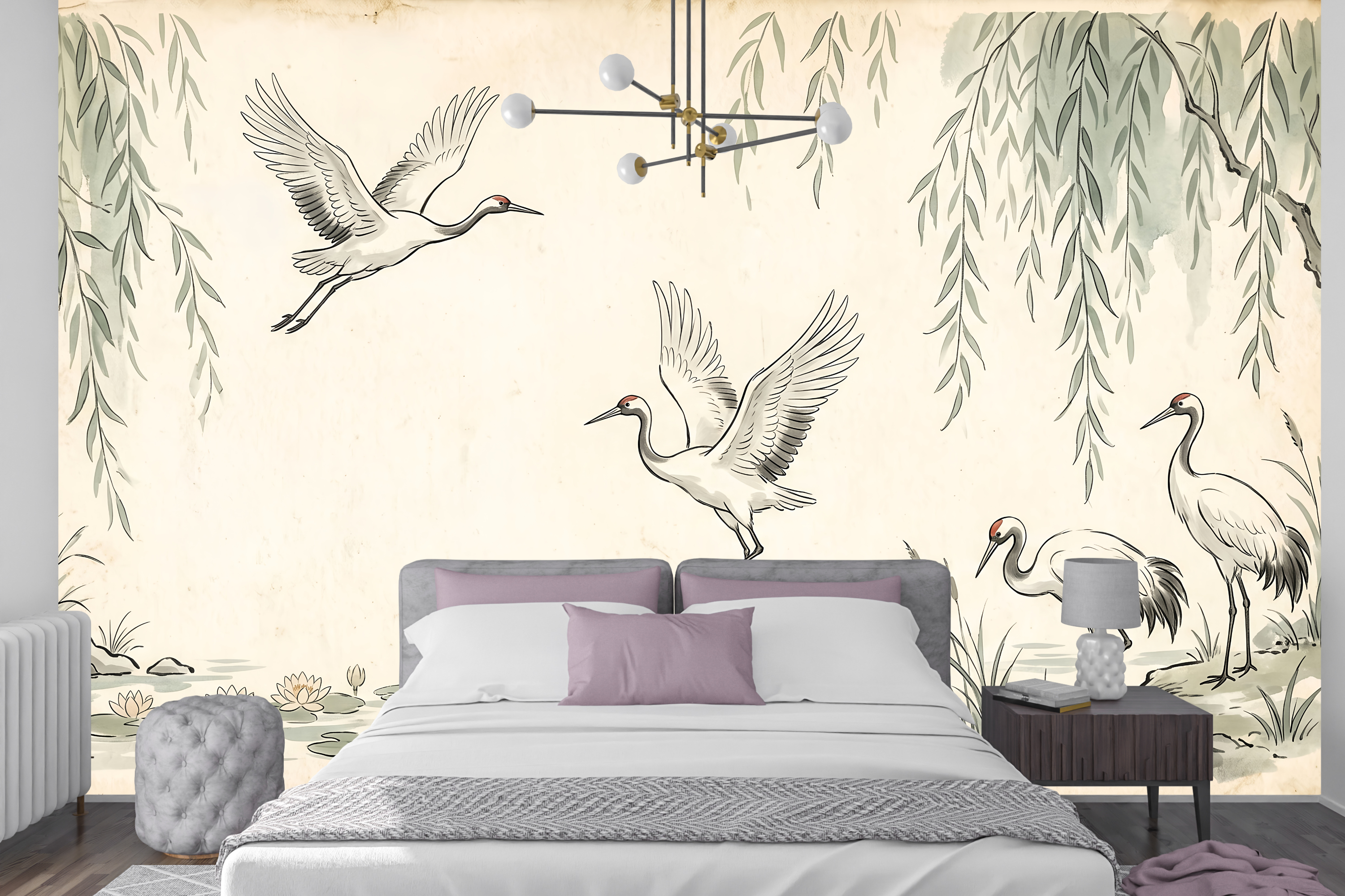 Moisture Resistant Bathroom Wallpaper Crane Willow Peel and Stick Mural