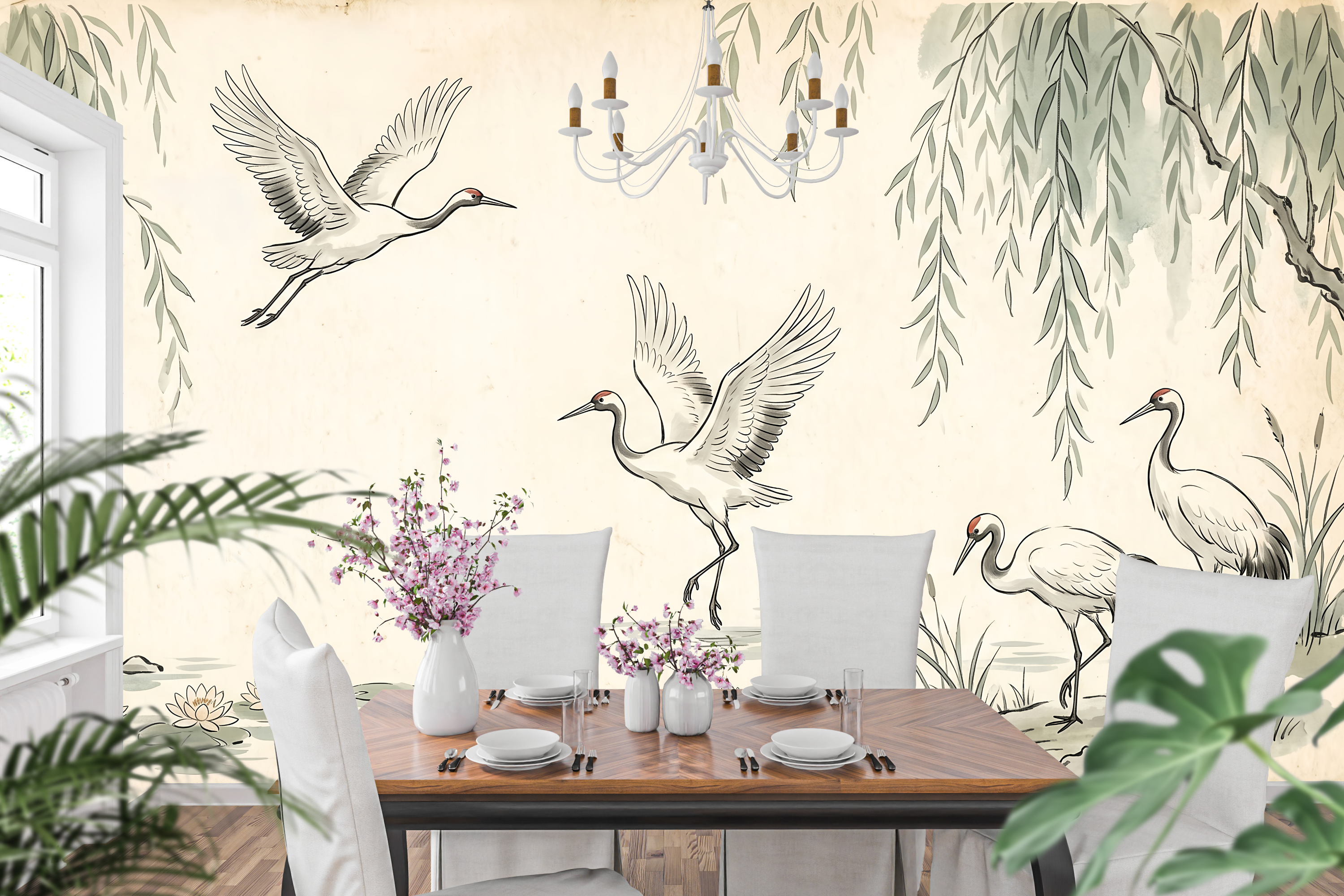 Moisture Resistant Bathroom Wallpaper Crane Willow Peel and Stick Mural