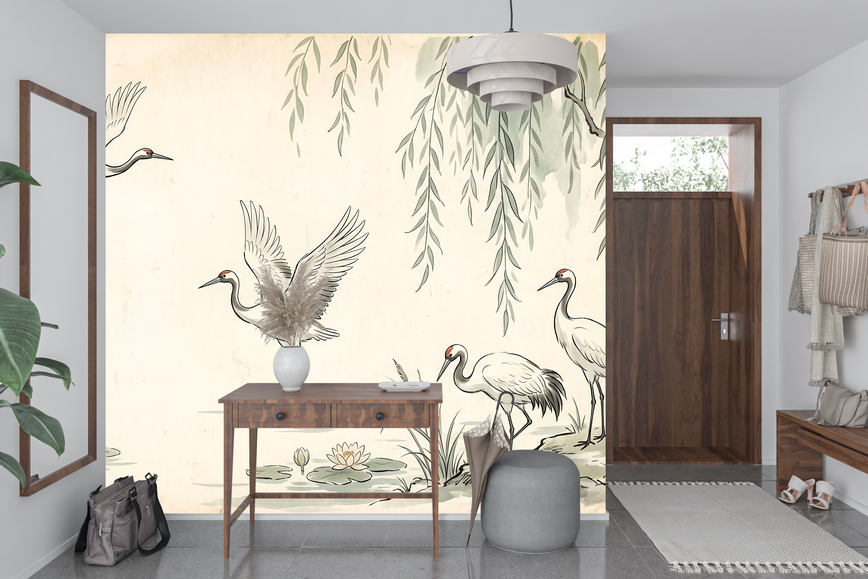 Moisture Resistant Bathroom Wallpaper Crane Willow Peel and Stick Mural