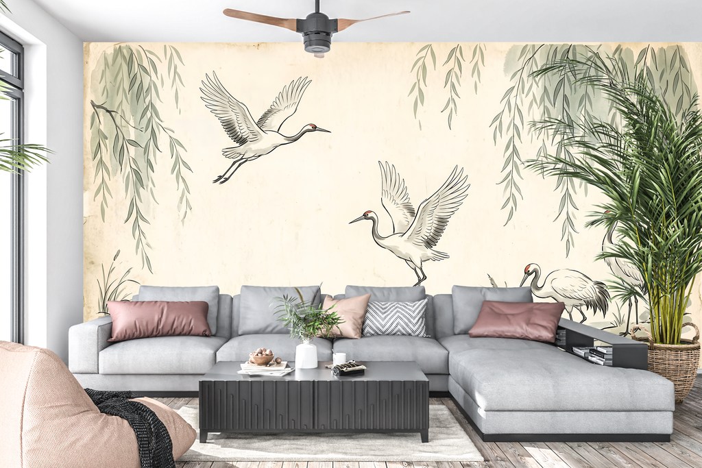 Japanese crane wallpaper mural styled behind a freestanding bath in a luxury spa-like bathroom with natural stone, warm timber stool, and soft morning light — moisture resistant waterproof peel and stick or traditional paste wall mural by WallpaperPixi