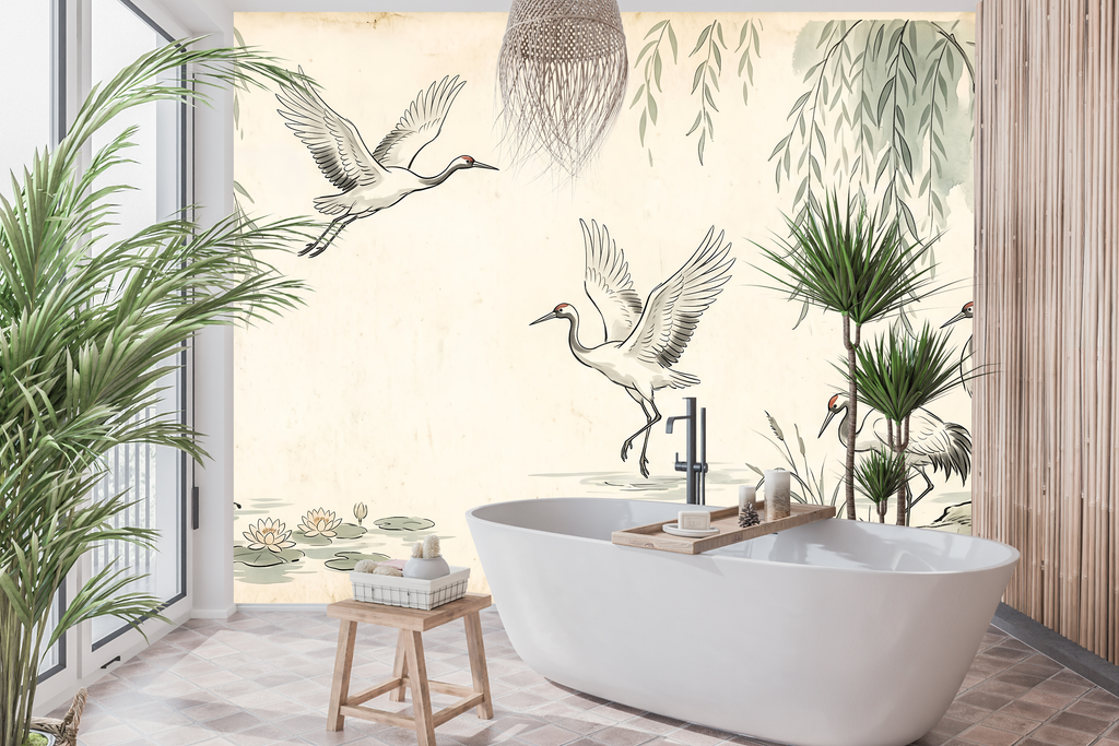 Japanese crane moisture resistant bathroom wallpaper mural featuring elegant red-crowned cranes in flight and wading among lotus blossoms, cascading weeping willow branches, and a still pond with lily pads on aged parchment ivory ground — premium waterproof zen wallpaper mural by WallpaperPixi