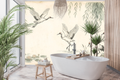 Japanese crane moisture resistant bathroom wallpaper mural featuring elegant red-crowned cranes in flight and wading among lotus blossoms, cascading weeping willow branches, and a still pond with lily pads on aged parchment ivory ground — premium waterproof zen wallpaper mural by WallpaperPixi