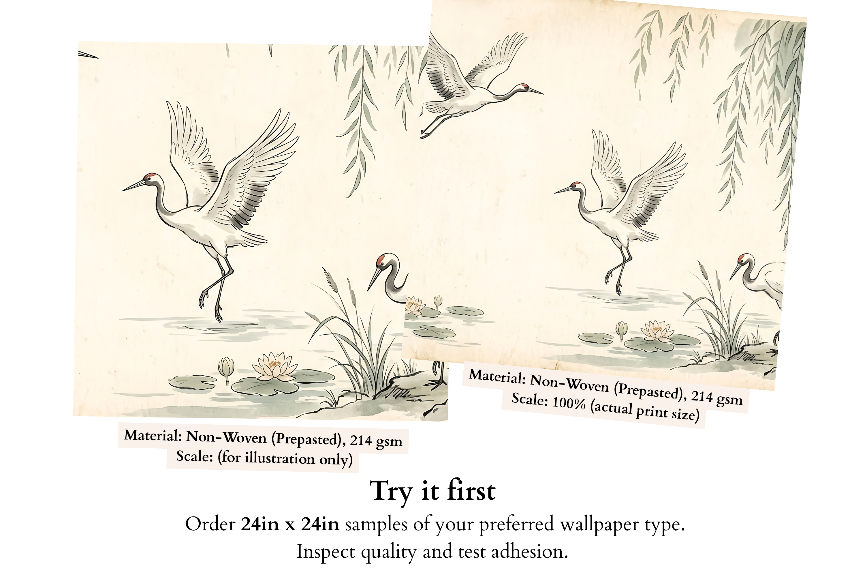 Close-up detail of elegant red-crowned crane landing with wings spread among cascading weeping willow branches and lotus blossoms on aged parchment Japanese wallpaper mural — high-definition fade-resistant watercolour print by WallpaperPixi