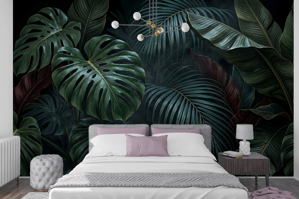Moisture Resistant Bathroom Wallpaper Dark Tropical Leaf Peel and Stick Mural Decal