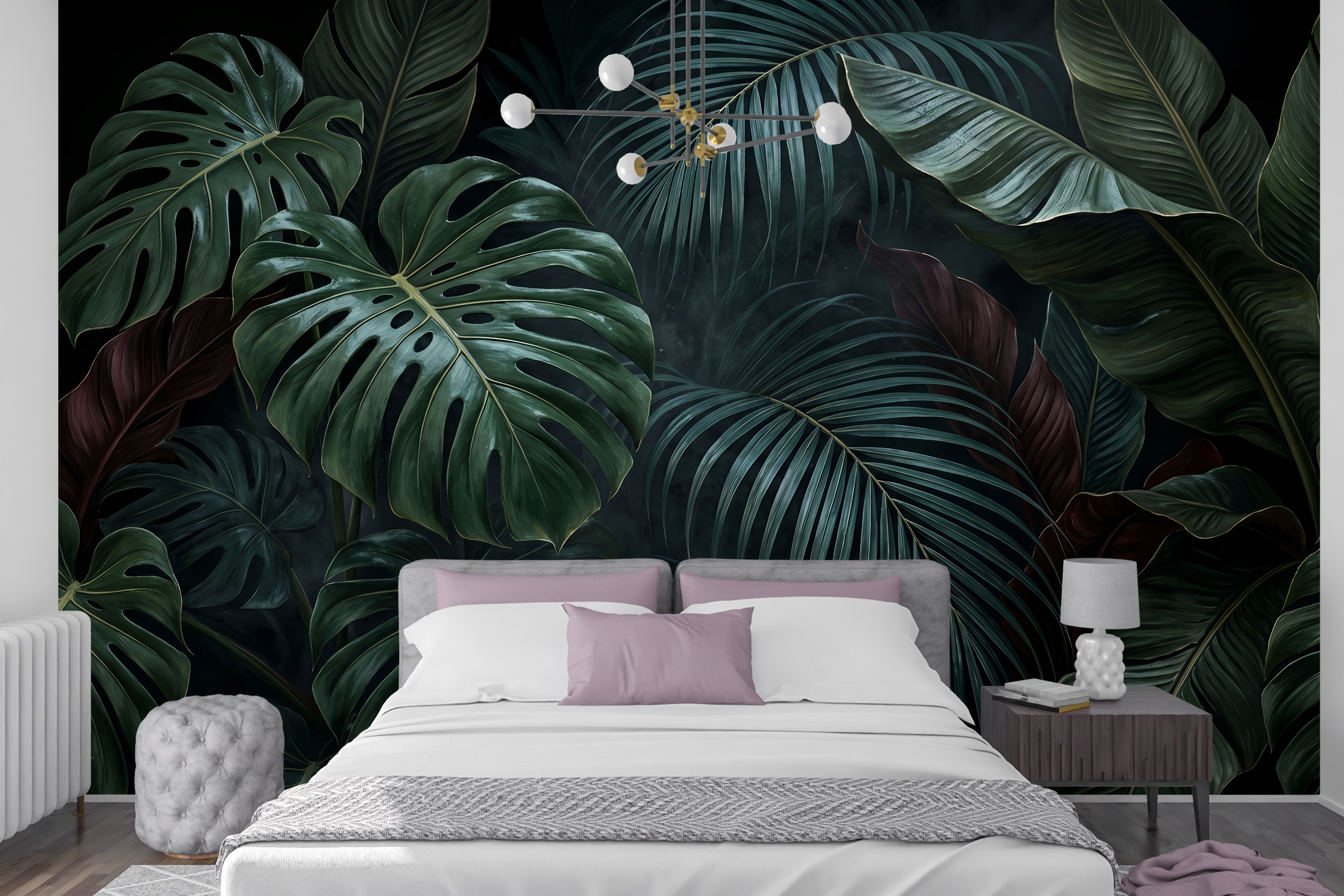 Moisture Resistant Bathroom Wallpaper Dark Tropical Leaf Peel and Stick Mural Decal