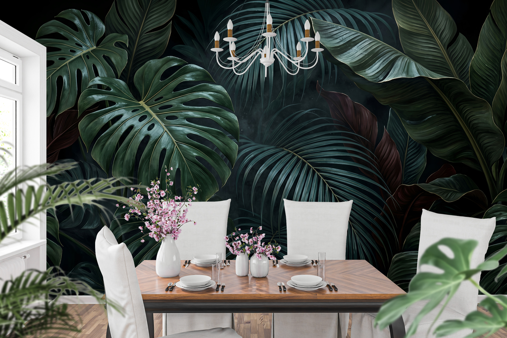 Dark tropical leaf moisture resistant bathroom wallpaper styled behind a freestanding bath in a luxury spa-like bathroom with brass fixtures, warm lighting, and natural stone — waterproof peel and stick or traditional paste wallpaper by WallpaperPixi