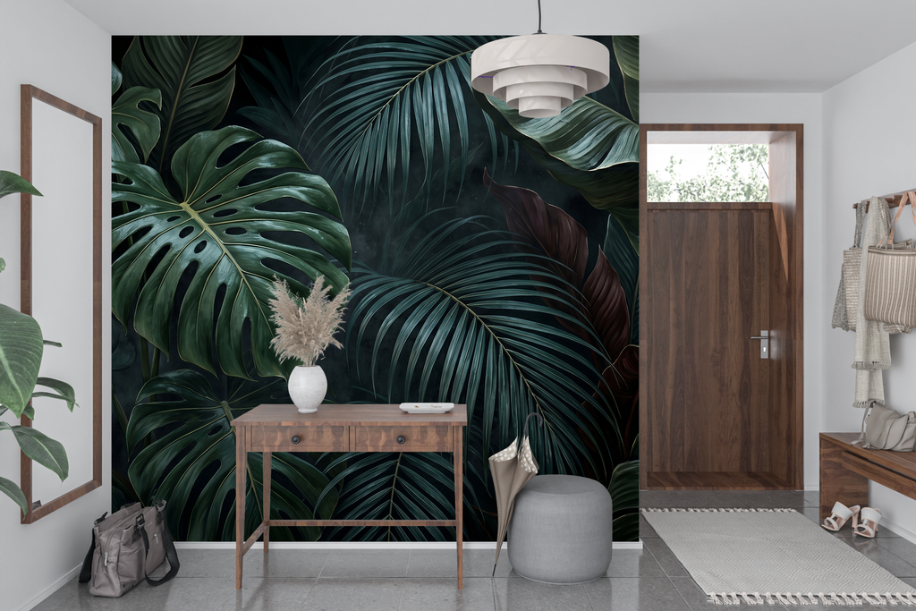 Moisture Resistant Bathroom Wallpaper Dark Tropical Leaf Peel and Stick Mural Decal
