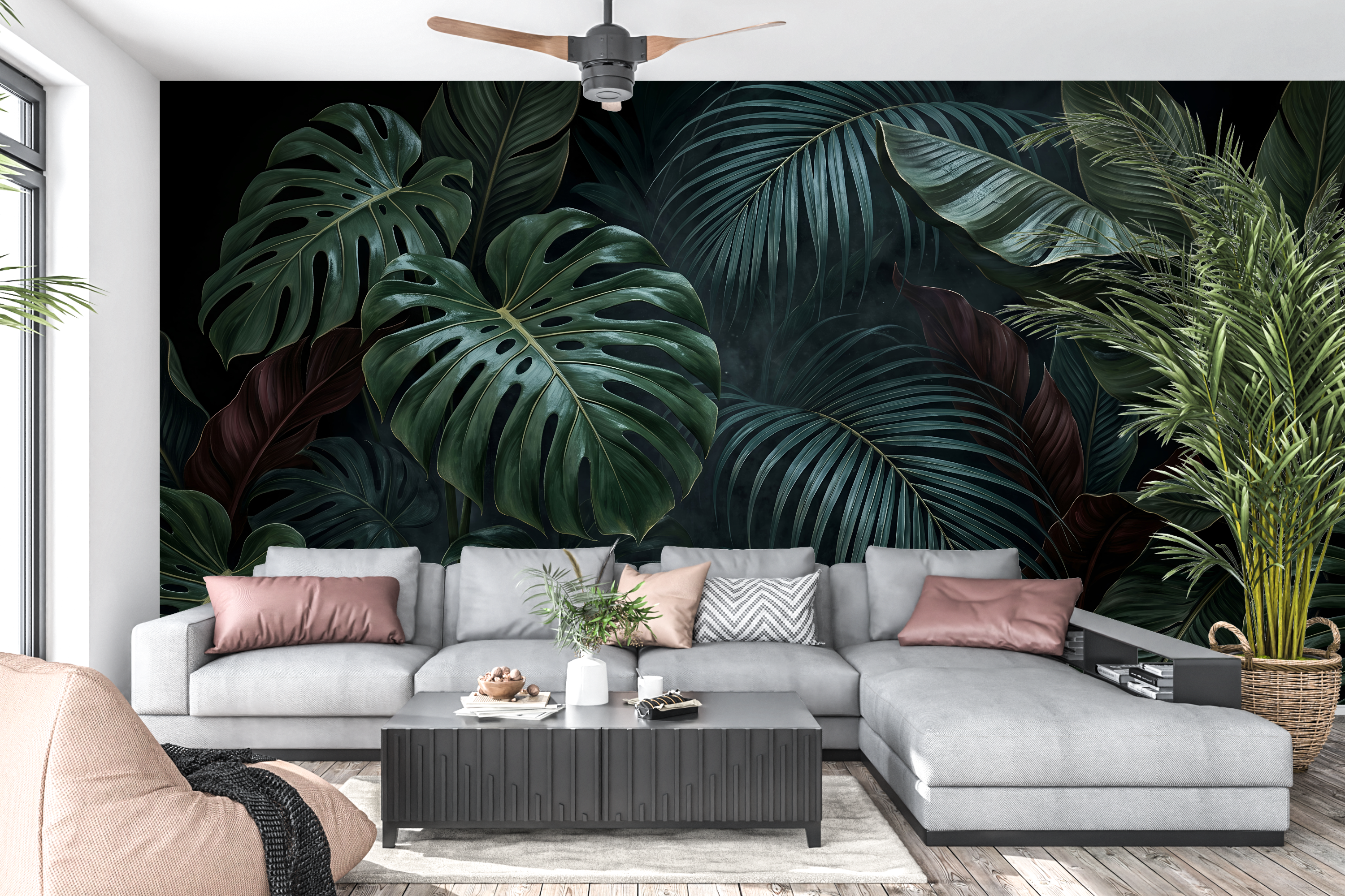 Moisture Resistant Bathroom Wallpaper Dark Tropical Leaf Peel and Stick Mural Decal