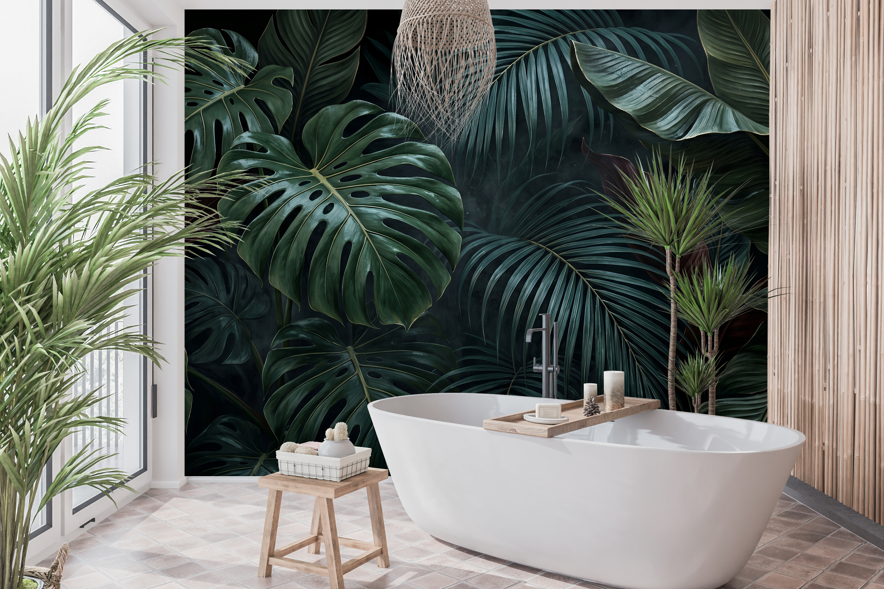 Moisture resistant bathroom wallpaper featuring photorealistic dark tropical monstera deliciosa leaves, sweeping palm fronds, and broad banana leaves in deep emerald and forest green tones with atmospheric mist on a near-black ground — premium waterproof dark tropical wallpaper by WallpaperPixi
