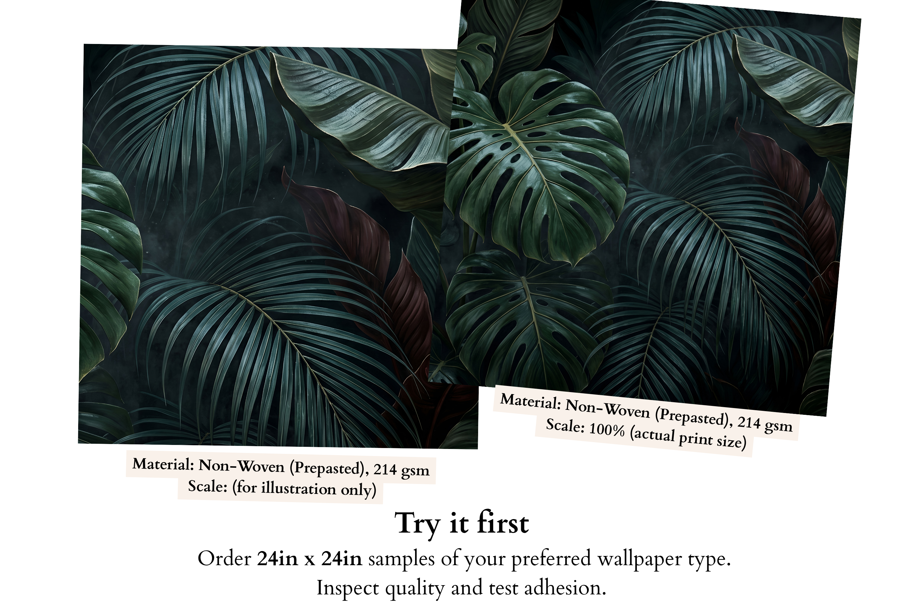Close-up detail of photorealistic monstera deliciosa leaf with detailed fenestration and palm frond in deep emerald green on dark tropical moisture resistant bathroom wallpaper — high-definition fade-resistant print by WallpaperPixi