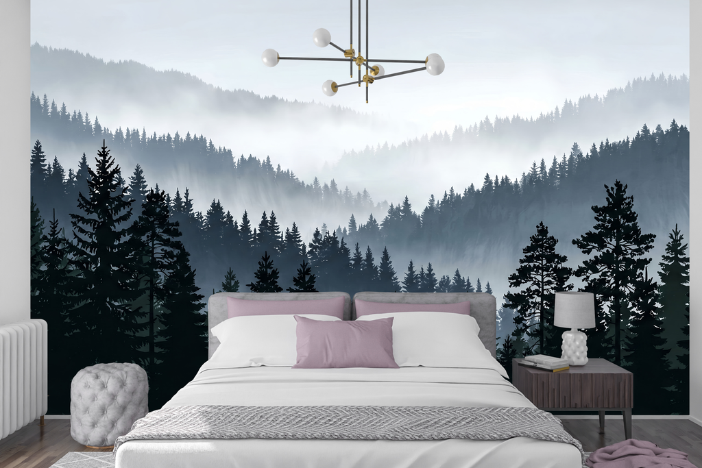 Moisture Resistant Bathroom Wallpaper Misty Forest Peel and Stick Mural