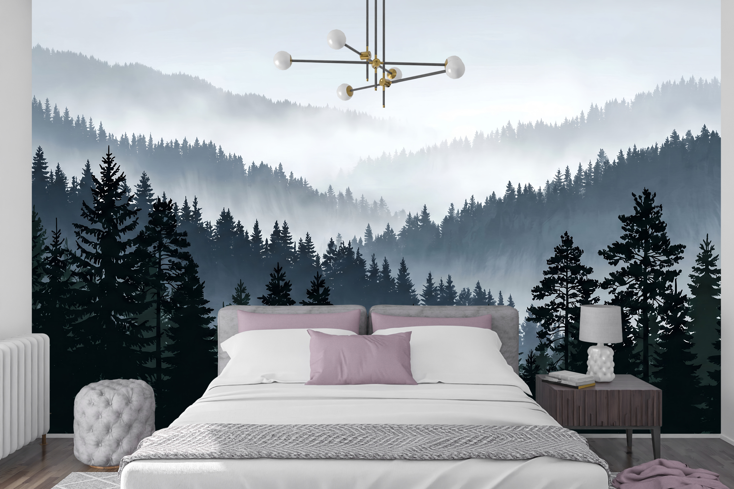 Moisture Resistant Bathroom Wallpaper Misty Forest Peel and Stick Mural