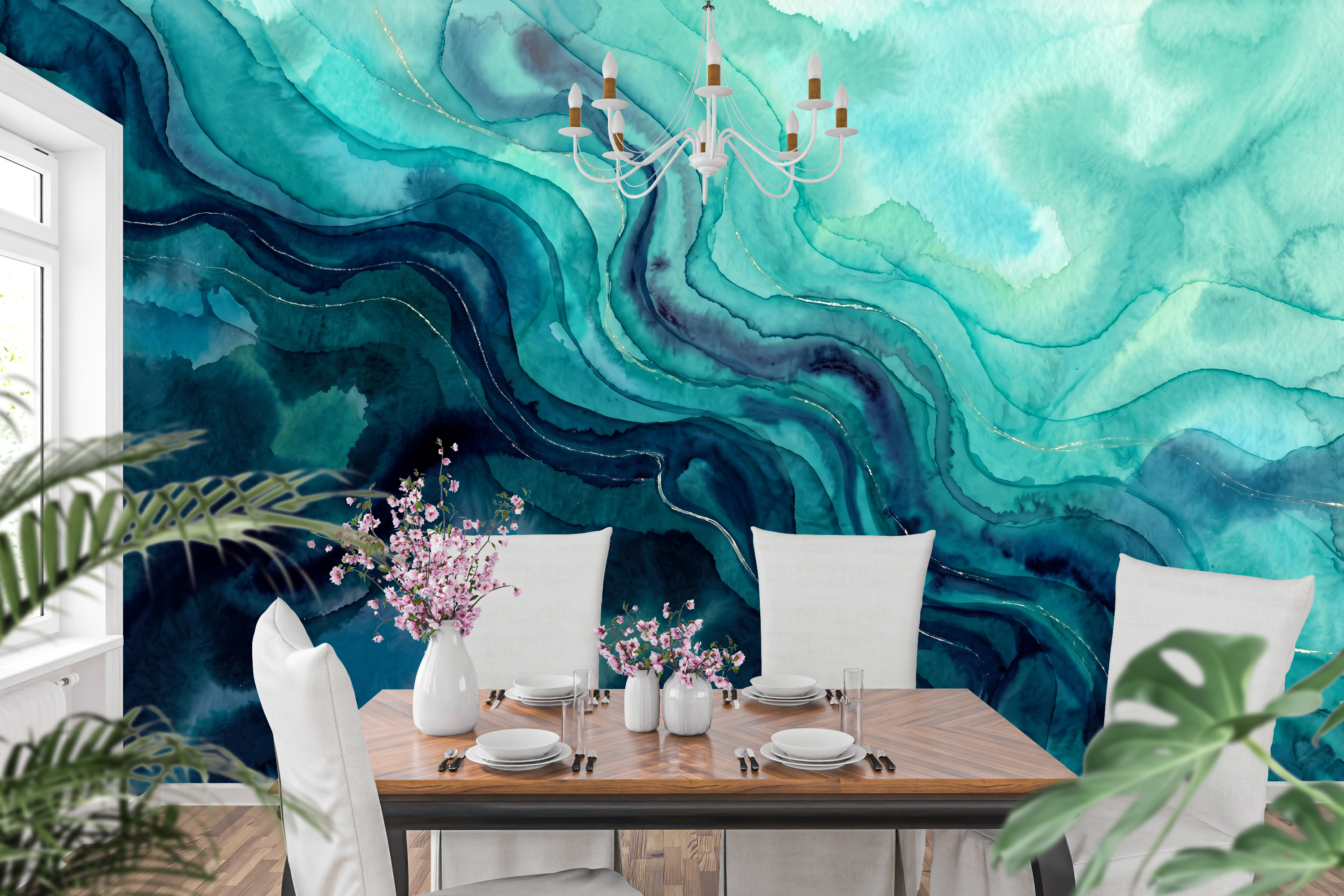 Moisture Resistant Bathroom Wallpaper Ocean Abstract Peel and Stick Mural