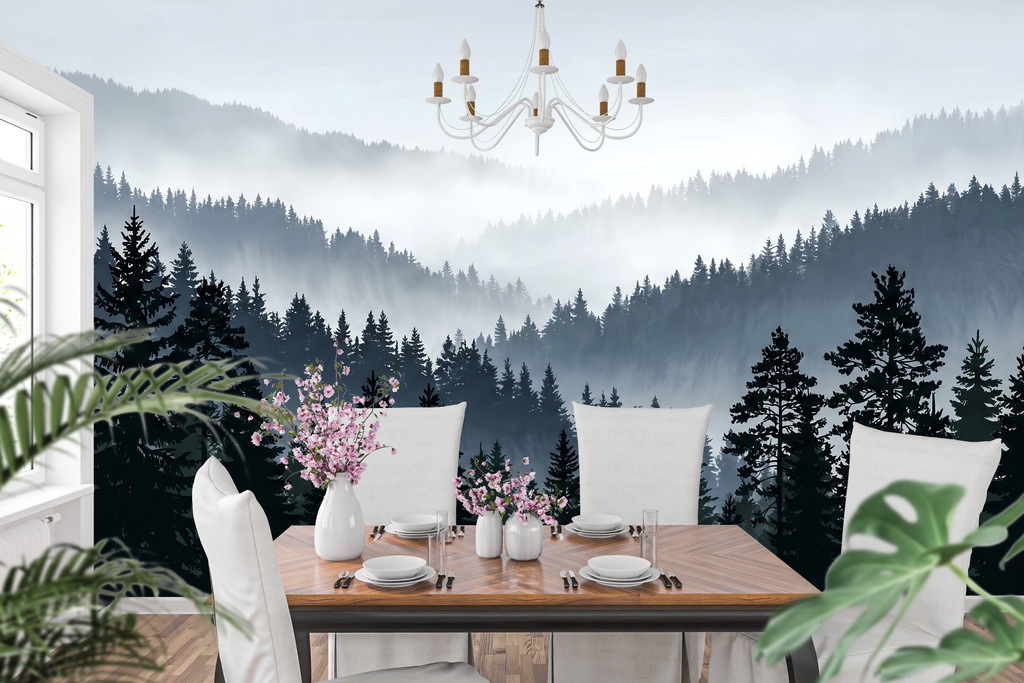 Misty forest mountain moisture resistant bathroom wallpaper mural styled behind a freestanding bath in a luxury Nordic spa bathroom with natural stone, timber stool, and soft morning light — waterproof peel and stick or traditional paste wall mural by WallpaperPixi