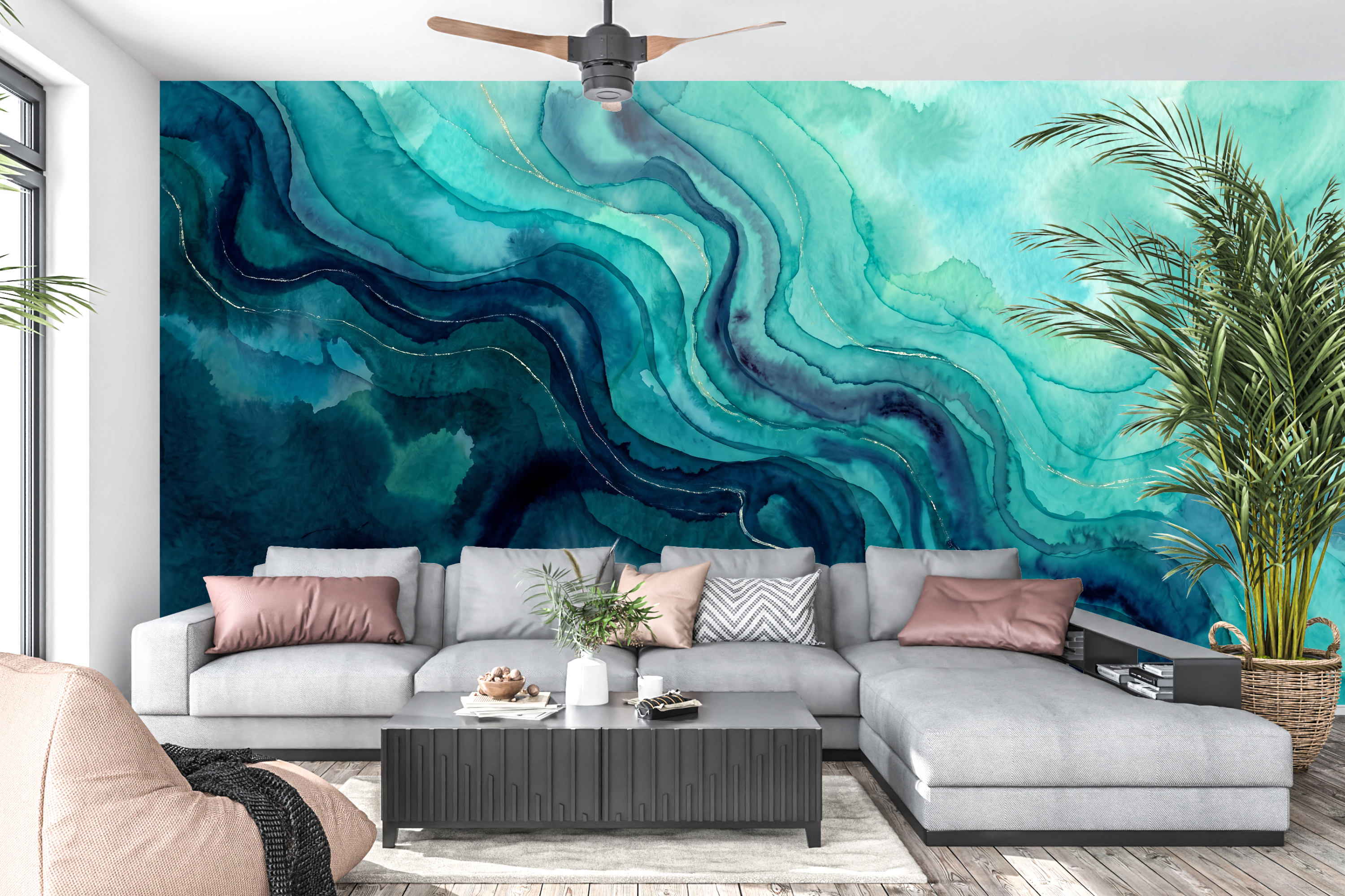 Abstract ocean watercolour moisture resistant bathroom wallpaper mural styled behind a freestanding bath in a luxury spa bathroom with brass fixtures, natural stone, and warm lighting — waterproof peel and stick or traditional paste wall mural by WallpaperPixi
