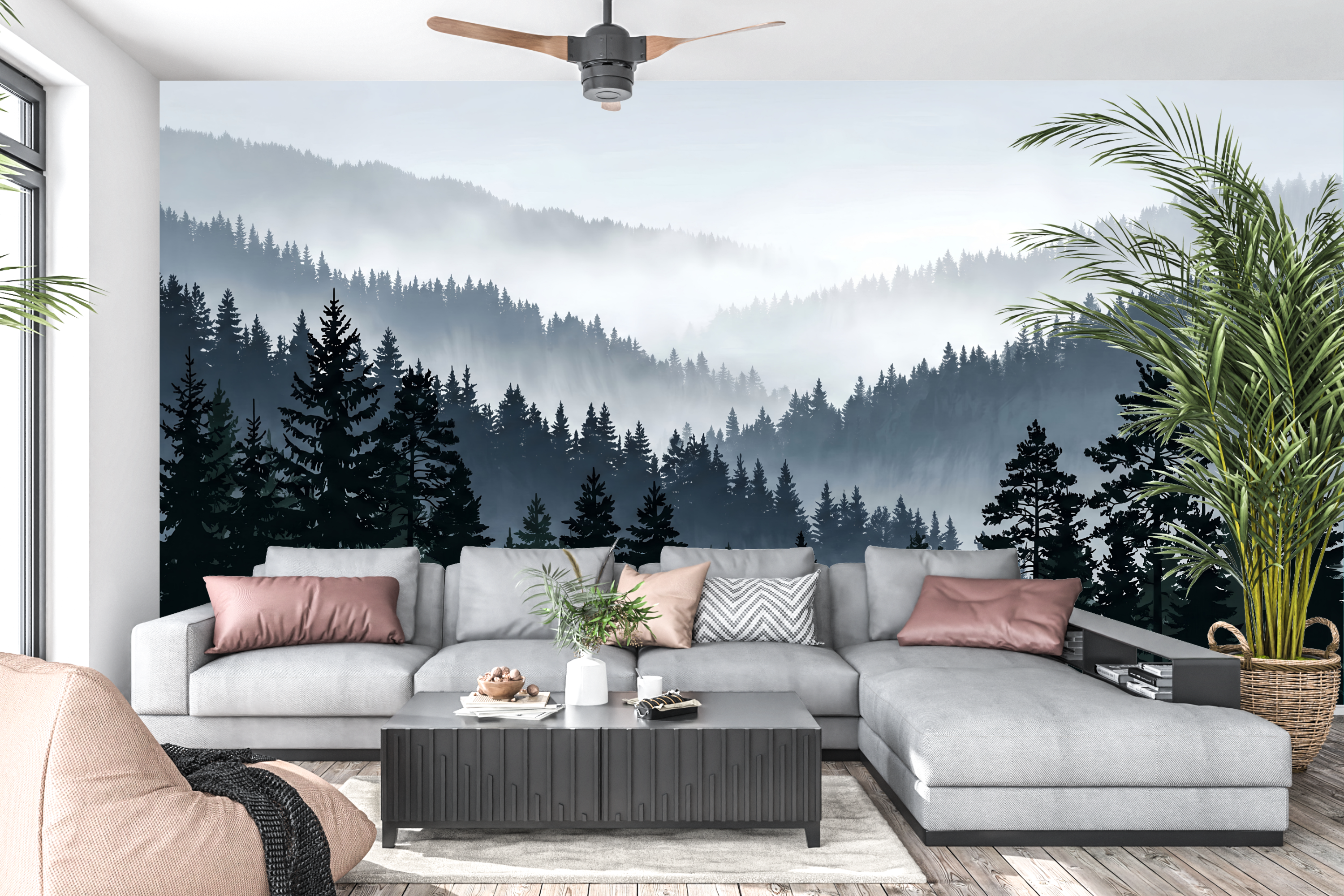 Moisture Resistant Bathroom Wallpaper Misty Forest Peel and Stick Mural