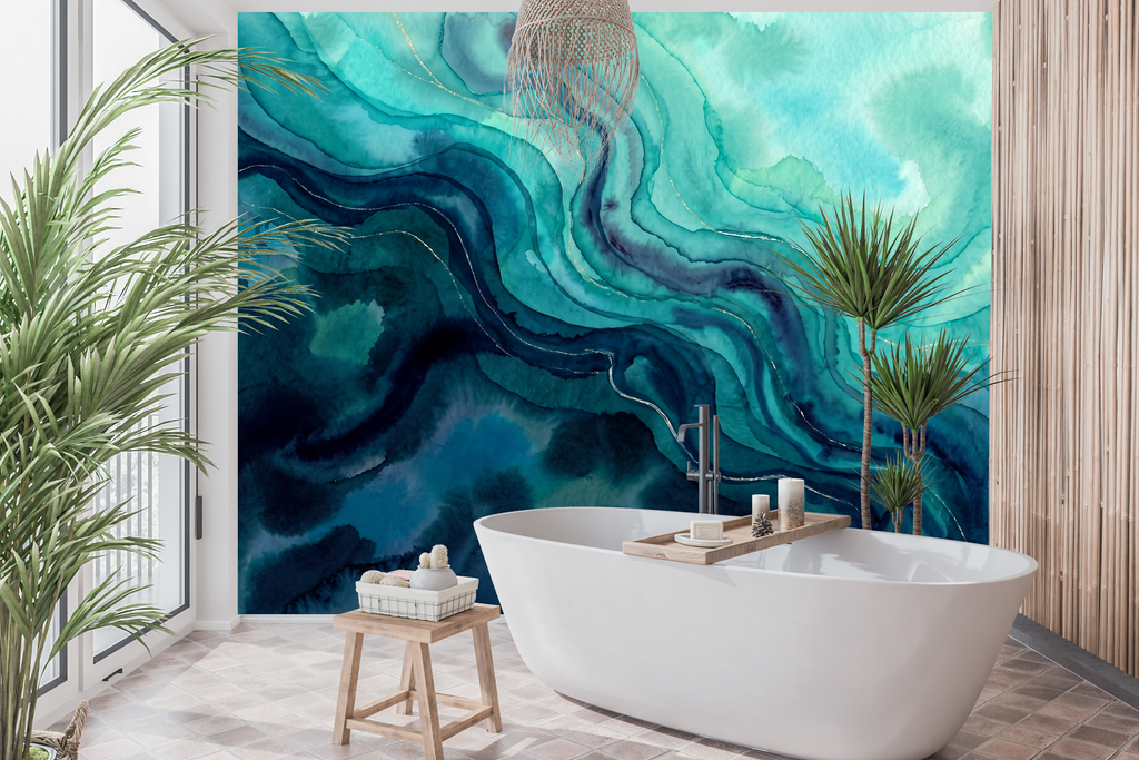 Moisture resistant bathroom wallpaper mural featuring abstract ocean watercolour waves in fluid teal, turquoise, emerald, and deep midnight navy tones with delicate gold vein accents — premium waterproof contemporary abstract wallpaper mural by WallpaperPixi