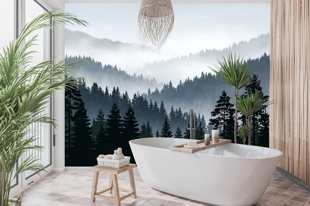 Moisture resistant bathroom wallpaper mural featuring layered misty pine forest silhouettes receding into atmospheric mountain fog, graduating from dark near-black foreground to pale grey misty sky — premium waterproof Scandinavian nature landscape mural by WallpaperPixi